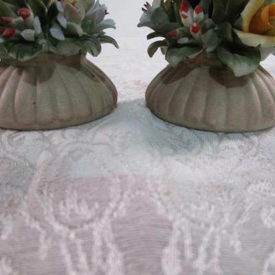 2 matching porcelain flower bouquets in stands