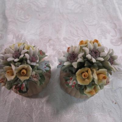 2 matching porcelain flower bouquets in stands