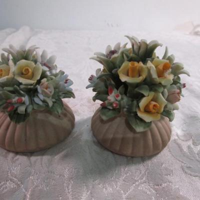 2 matching porcelain flower bouquets in stands