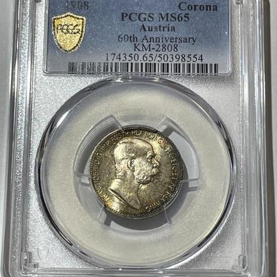 PCGS CERTIFIED AUSTRIA 1908 MS65 CORONA KM-2808 60TH ANNIVERSARY GORGEOUS TONED SILVER COIN.