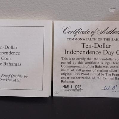 1975 Commonwealth of the Bahamas Anniversary of Independence Ten Dollar Silver Coin (#8)