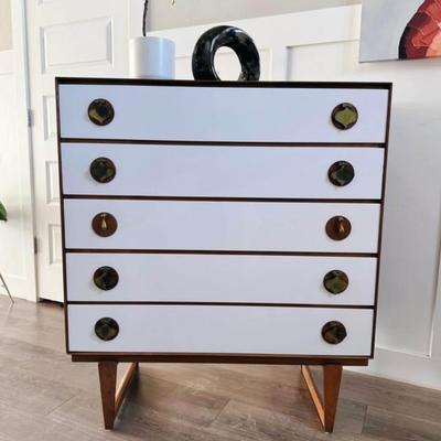 Rare Vintage Mid Century 1960’s Limited Production 5-Drawer Walnut Highboy Dresser w/Sculptural Legs, Brass Spade Pulls w/Walnut Rounds...