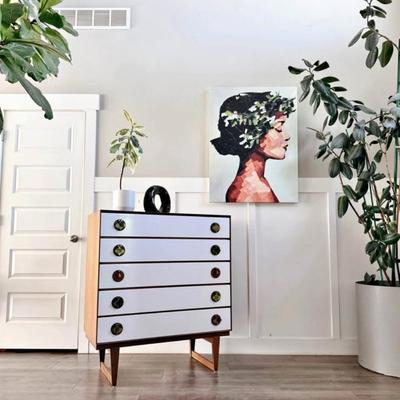Rare Vintage Mid Century 1960’s Limited Production 5-Drawer Walnut Highboy Dresser w/Sculptural Legs, Brass Spade Pulls w/Walnut Rounds...