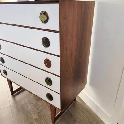 Rare Vintage Mid Century 1960’s Limited Production 5-Drawer Walnut Highboy Dresser w/Sculptural Legs, Brass Spade Pulls w/Walnut Rounds...