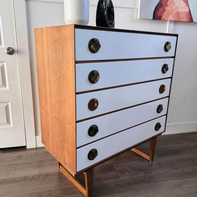 Rare Vintage Mid Century 1960’s Limited Production 5-Drawer Walnut Highboy Dresser w/Sculptural Legs, Brass Spade Pulls w/Walnut Rounds...