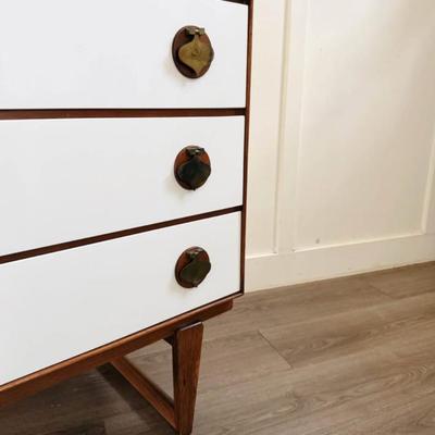 Rare Vintage Mid Century 1960’s Limited Production 6-Drawer Walnut Gentleman’s Chest Highboy Dresser w/Sculptural Legs, Brass Spade Pulls...