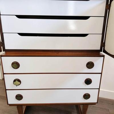 Rare Vintage Mid Century 1960’s Limited Production 6-Drawer Walnut Gentleman’s Chest Highboy Dresser w/Sculptural Legs, Brass Spade Pulls...