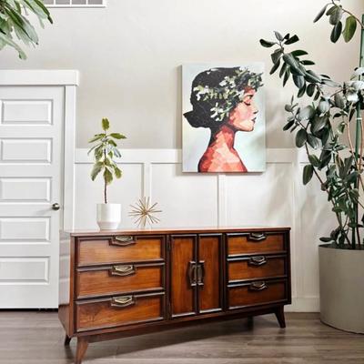 Vintage Mid Century 9-Drawer Walnut Dresser Credenza w/Center Cabinet Door, Sculptural Facade, Brass Hardware & Tapered Legs