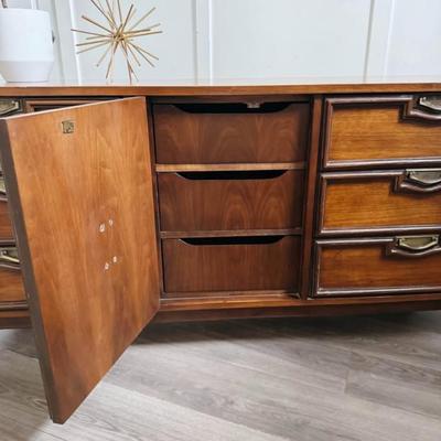 Vintage Mid Century 9-Drawer Walnut Dresser Credenza w/Center Cabinet Door, Sculptural Facade, Brass Hardware & Tapered Legs