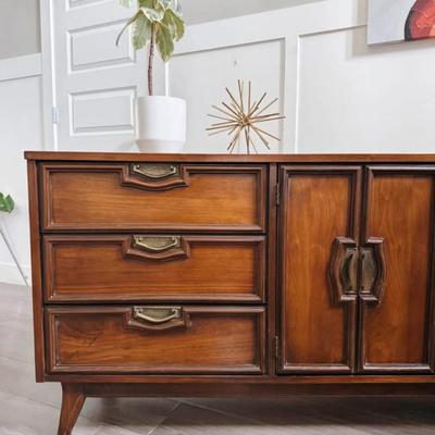 Vintage Mid Century 9-Drawer Walnut Dresser Credenza w/Center Cabinet Door, Sculptural Facade, Brass Hardware & Tapered Legs
