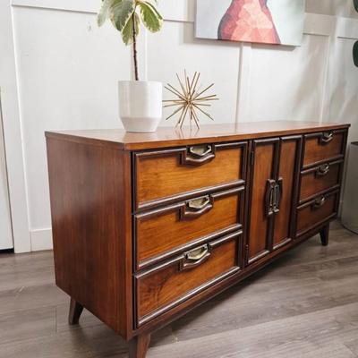 Vintage Mid Century 9-Drawer Walnut Dresser Credenza w/Center Cabinet Door, Sculptural Facade, Brass Hardware & Tapered Legs