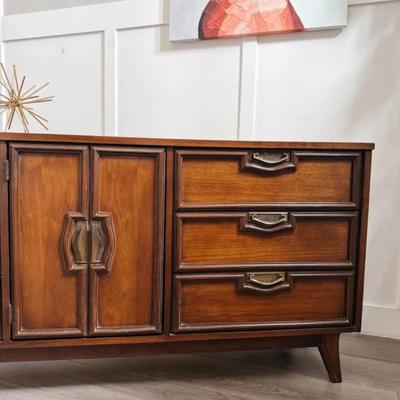 Vintage Mid Century 9-Drawer Walnut Dresser Credenza w/Center Cabinet Door, Sculptural Facade, Brass Hardware & Tapered Legs