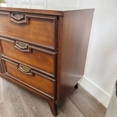 Vintage Mid Century 9-Drawer Walnut Dresser Credenza w/Center Cabinet Door, Sculptural Facade, Brass Hardware & Tapered Legs