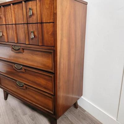 Vintage Mid Century 5-Drawer Walnut Highboy Dresser Chest of Drawers w/Sculptural Facade, Brass Hardware & Tapered Legs