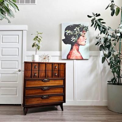 Vintage Mid Century 5-Drawer Walnut Highboy Dresser Chest of Drawers w/Sculptural Facade, Brass Hardware & Tapered Legs