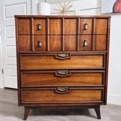 Vintage Mid Century 5-Drawer Walnut Highboy Dresser Chest of Drawers w/Sculptural Facade, Brass Hardware & Tapered Legs