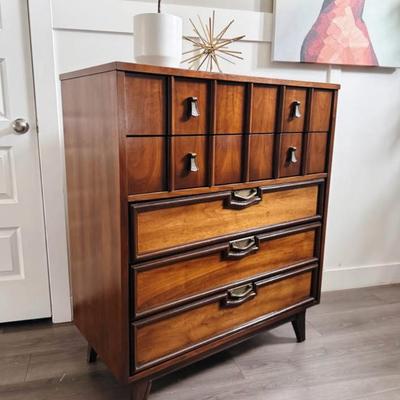 Vintage Mid Century 5-Drawer Walnut Highboy Dresser Chest of Drawers w/Sculptural Facade, Brass Hardware & Tapered Legs