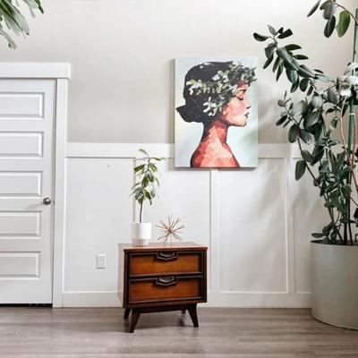 Vintage Mid Century 2-Drawer Walnut Nightstand w/Sculptural Facade, Brass Hardware & Tapered Legs