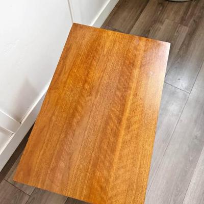Vintage Mid Century 2-Drawer Walnut Nightstand w/Sculptural Facade, Brass Hardware & Tapered Legs