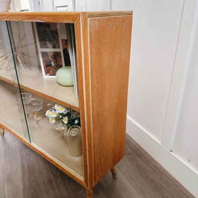 Vintage Mid Century 2-Tier Distressed Maple Display Cabinet or Bar w/Original Glass Doors & Tapered Legs