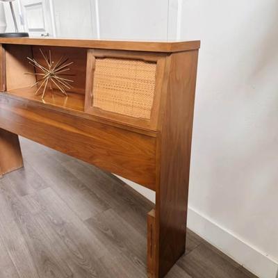 Vintage Mid Century Queen Captain’s Headboard w/Cane Paneled Sliding Doors