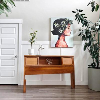Vintage Mid Century Queen Captain’s Headboard w/Cane Paneled Sliding Doors