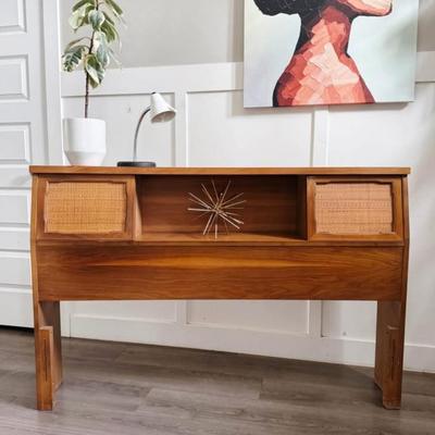 Vintage Mid Century Queen Captain’s Headboard w/Cane Paneled Sliding Doors