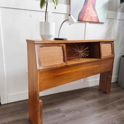 Vintage Mid Century Queen Captain’s Headboard w/Cane Paneled Sliding Doors