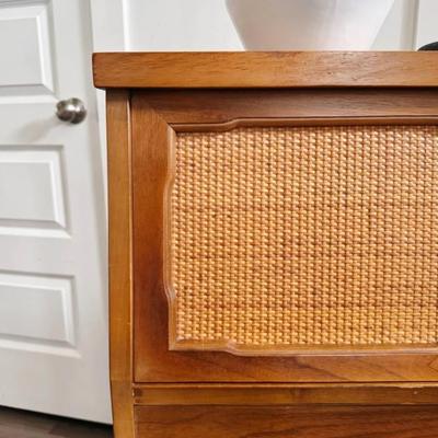 Vintage Mid Century Queen Captain’s Headboard w/Cane Paneled Sliding Doors