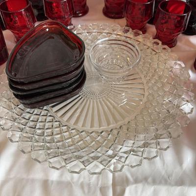 Anchor Hocking Ruby Red Relish Tray Set and Matching Glassware (PBN-BM)