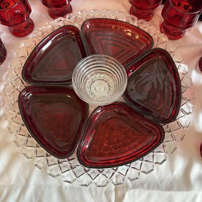Anchor Hocking Ruby Red Relish Tray Set and Matching Glassware (PBN-BM)