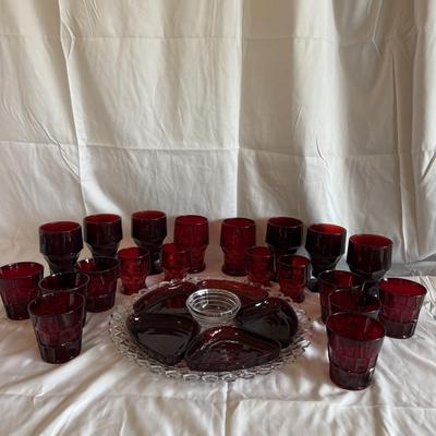 Anchor Hocking Ruby Red Relish Tray Set and Matching Glassware (PBN-BM)