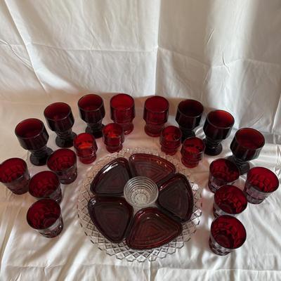 Anchor Hocking Ruby Red Relish Tray Set and Matching Glassware (PBN-BM)