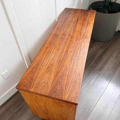Vintage Mid Century 6-Drawer Walnut Dresser Credenza w/Floating Sculptural Facade Drawers & Tapered Legs