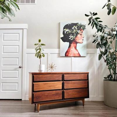Vintage Mid Century 6-Drawer Walnut Dresser Credenza w/Floating Sculptural Facade Drawers & Tapered Legs