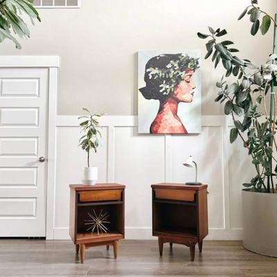 Pair of Vintage Mid Century Single Drawer Walnut Nightstands w/Floating Sculptural Facade Drawers & Tapered Legs