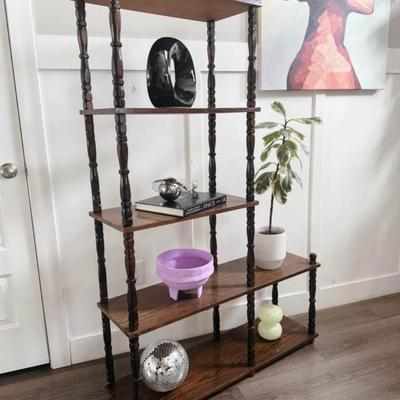 Vintage Mid Century 5-Tier, 2-Column Jenny Lind Spindle Etagere Display Shelf Bookshelf