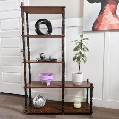 Vintage Mid Century 5-Tier, 2-Column Jenny Lind Spindle Etagere Display Shelf Bookshelf