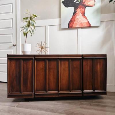 Vintage Mid Century 4-Door Walnut Buffet Credenza Low Dresser w/Adjustable Shelving & Silverware Tray w/Sculptural Facade &...