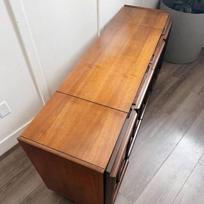 Vintage Mid Century 4-Door Walnut Buffet Credenza Low Dresser w/Adjustable Shelving & Silverware Tray w/Sculptural Facade &...