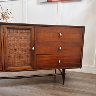 Vintage Mid Century 9-Drawer Walnut Dresser Credenza w/Reversible Cane/Walnut Cabinet Door, Chrome Teardrop Knobs & Sculptural...