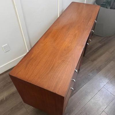 Vintage Mid Century 9-Drawer Walnut Dresser Credenza w/Reversible Cane/Walnut Cabinet Door, Chrome Teardrop Knobs & Sculptural...