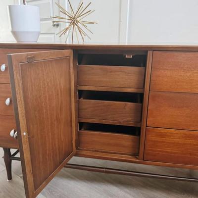 Vintage Mid Century 9-Drawer Walnut Dresser Credenza w/Reversible Cane/Walnut Cabinet Door, Chrome Teardrop Knobs & Sculptural...