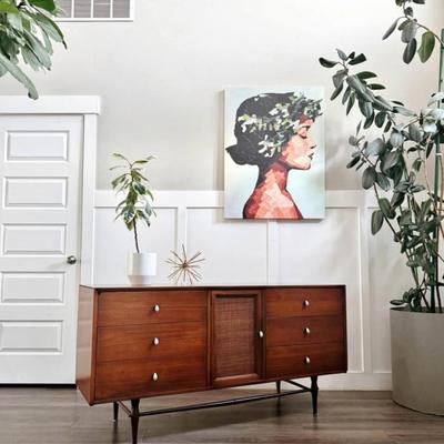 Vintage Mid Century 9-Drawer Walnut Dresser Credenza w/Reversible Cane/Walnut Cabinet Door, Chrome Teardrop Knobs & Sculptural...