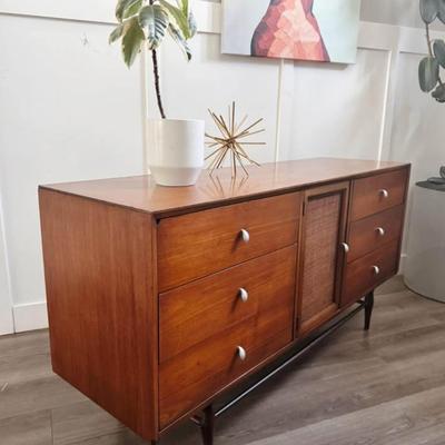 Vintage Mid Century 9-Drawer Walnut Dresser Credenza w/Reversible Cane/Walnut Cabinet Door, Chrome Teardrop Knobs & Sculptural...