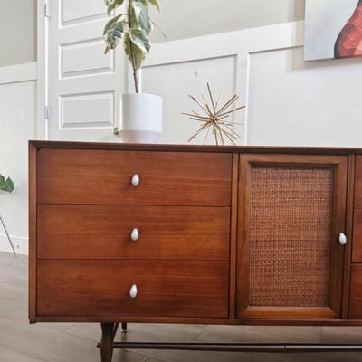 Vintage Mid Century 9-Drawer Walnut Dresser Credenza w/Reversible Cane/Walnut Cabinet Door, Chrome Teardrop Knobs & Sculptural...