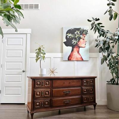 Vintage Mid Century 9-Drawer Dresser Credenza w/Sculptural Facade, Brass Hardware & Tapered Legs