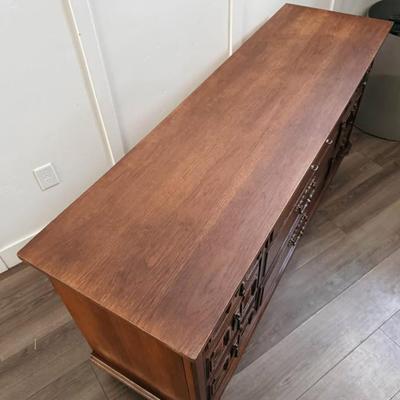 Vintage Mid Century 9-Drawer Dresser Credenza w/Sculptural Facade, Brass Hardware & Tapered Legs
