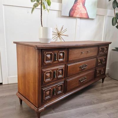 Vintage Mid Century 9-Drawer Dresser Credenza w/Sculptural Facade, Brass Hardware & Tapered Legs