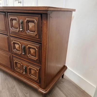 Vintage Mid Century 9-Drawer Dresser Credenza w/Sculptural Facade, Brass Hardware & Tapered Legs